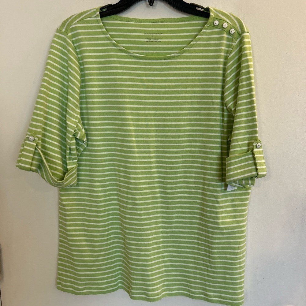 NWT Christopher Banks short sleeve t-shirt 1X green striped roll tab sleeves 1X